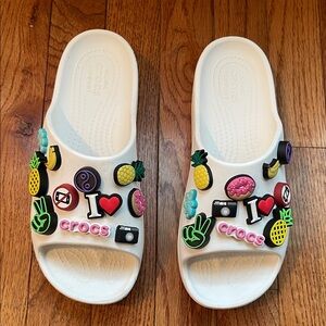 CROCS White Slide Sandals with Fun Charms